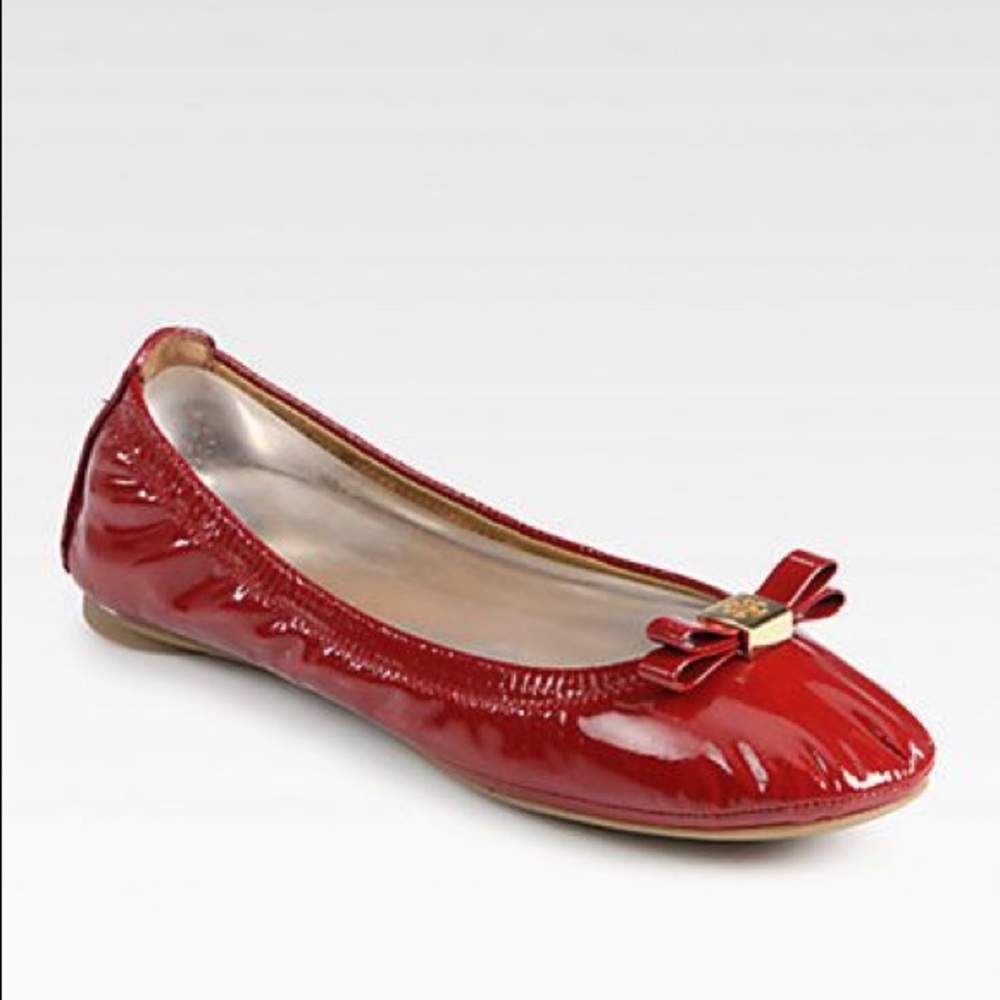 Tory Burch Eddie logo bow red patent leather flats